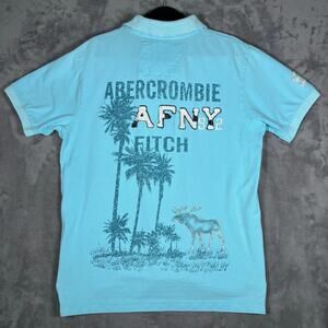 Abercrombie & Fitch Vintage Polo Shirt Blue Graphic Moose XL Y2K